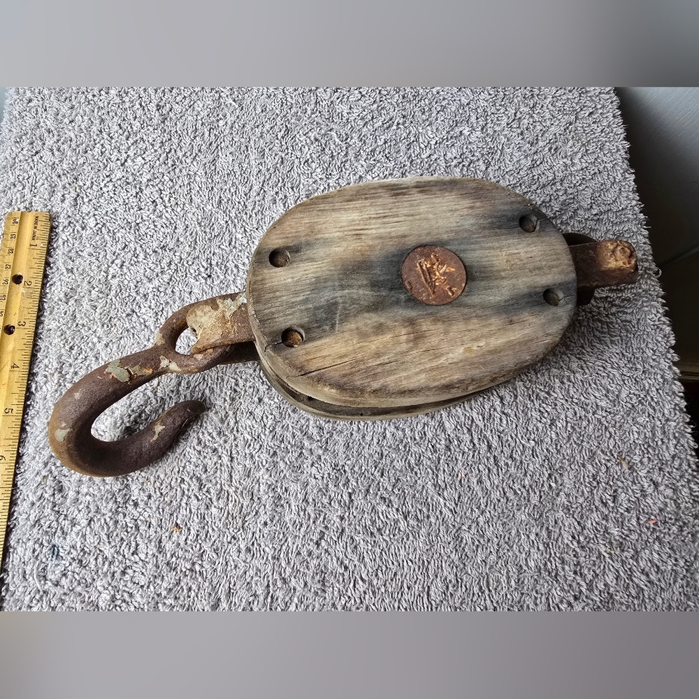 Vintage Wooden  Barn Pulley with Hook Marked With An Anvil